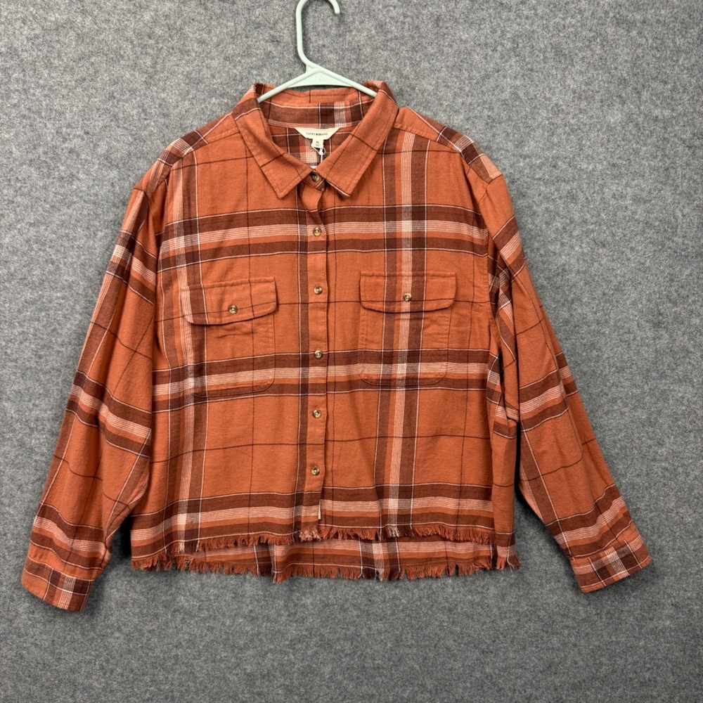 Lucky Brand Womens XL Plaid Button Down Shirt Rust Orange Raw Fringe Hem New